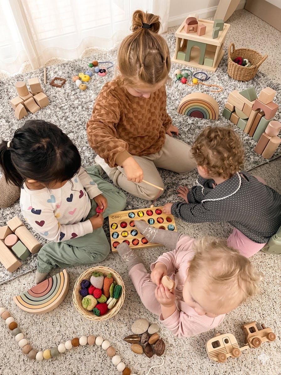 Four children playing with wooden toys on a carpeted floor