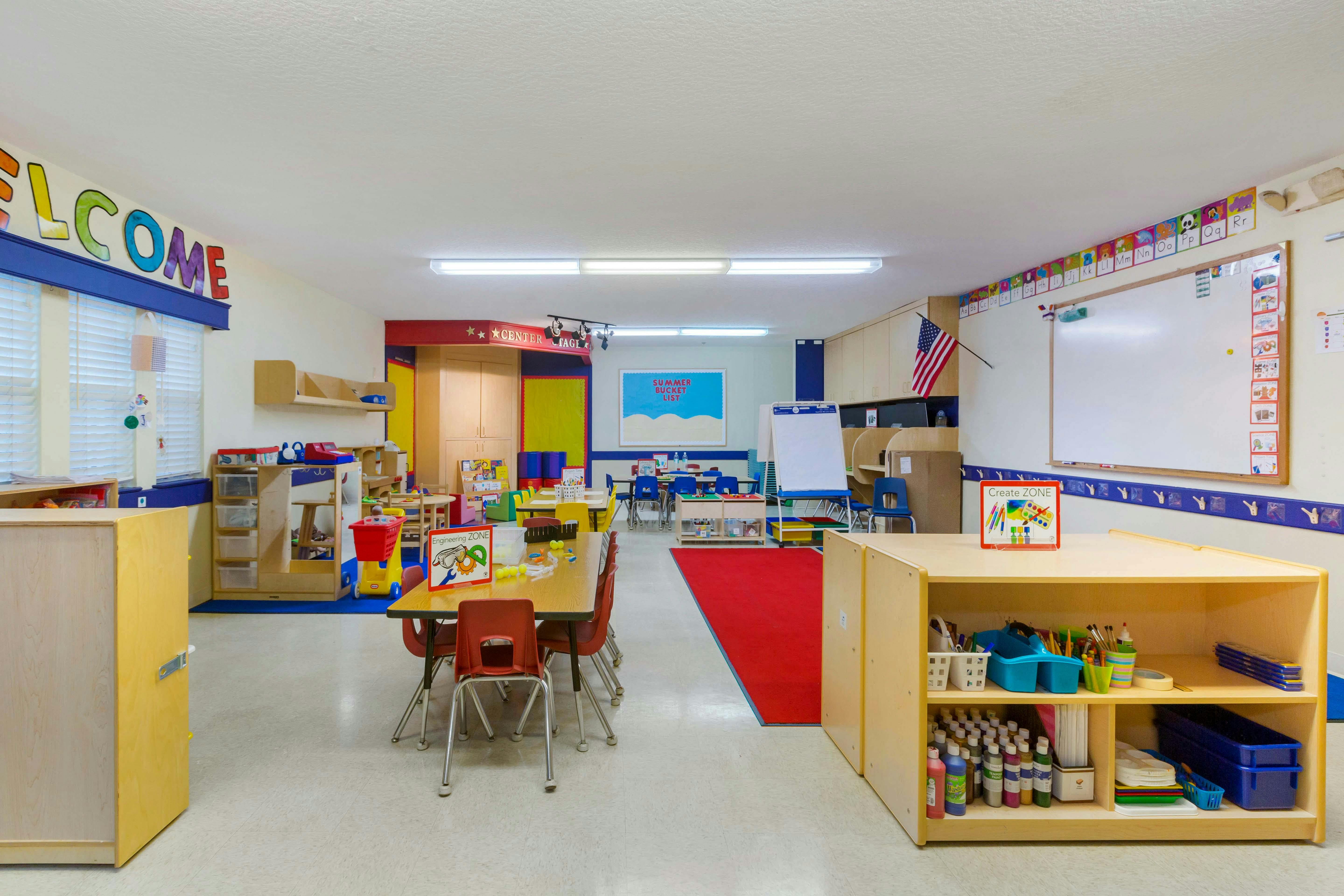 An empty early childhood classroom with multiple activity zones