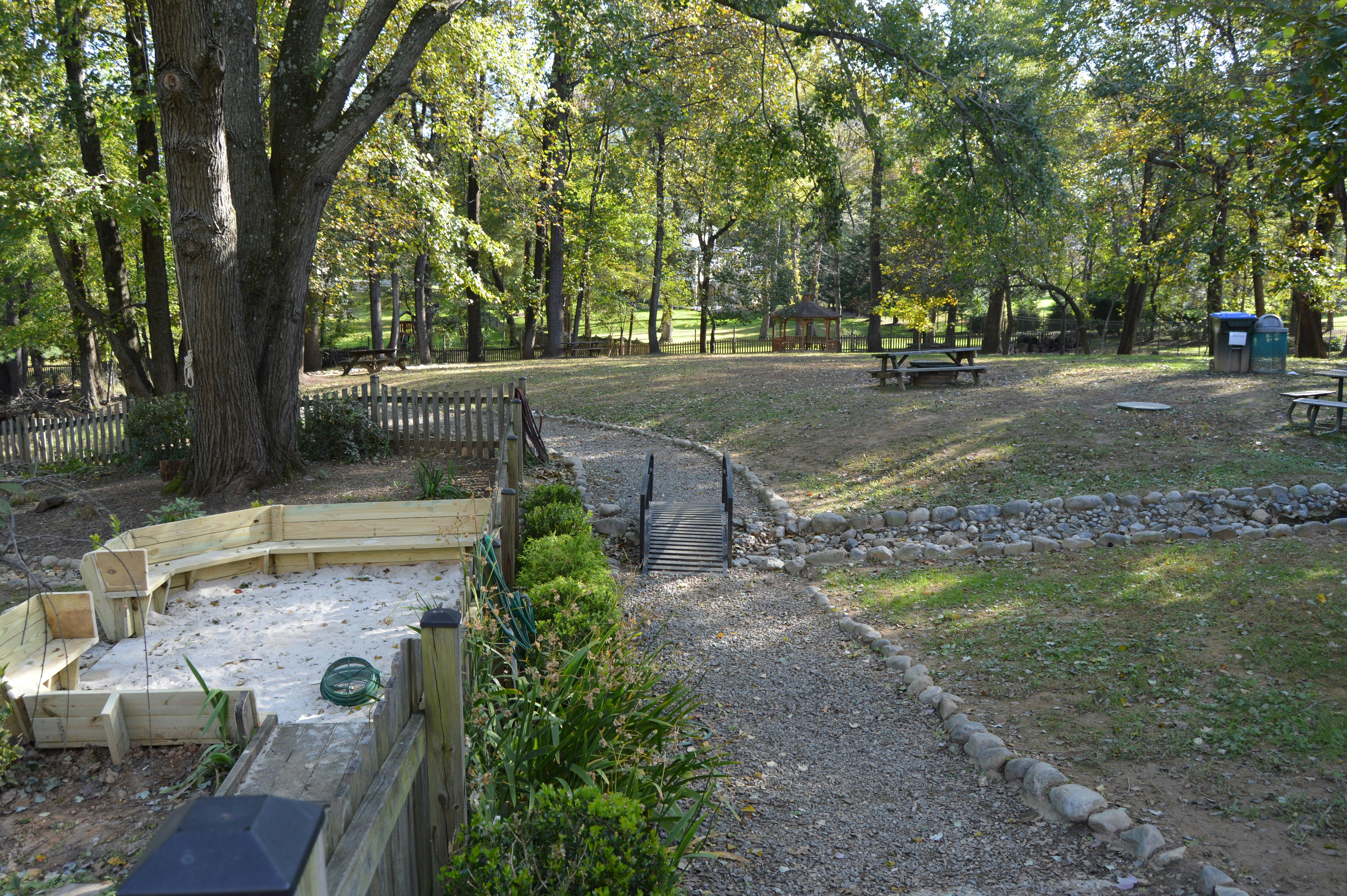 Outdoor park area with a sandpit, walking path, and picnic tables