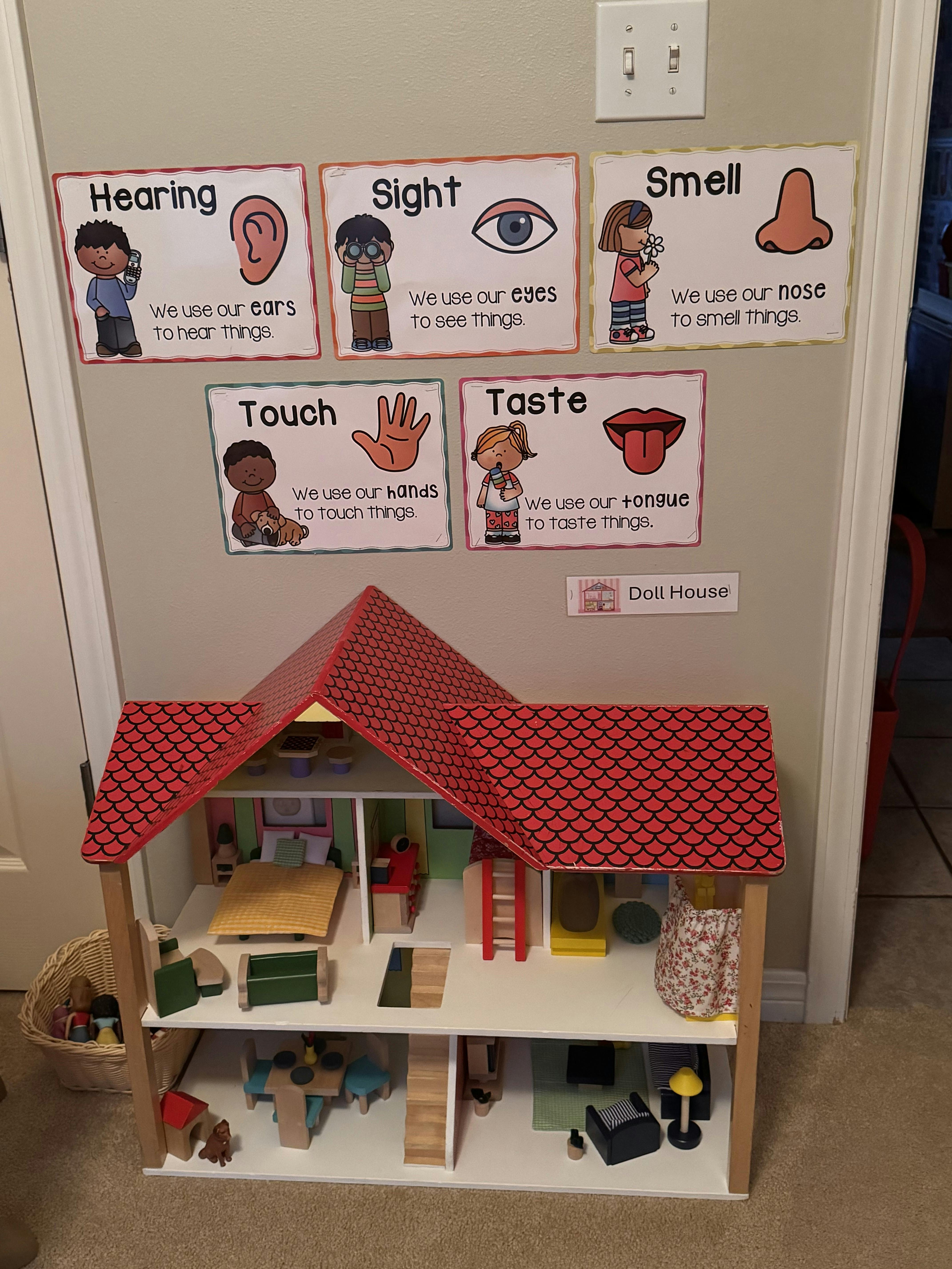 Doll house with educational posters about the five senses on the wall above wall