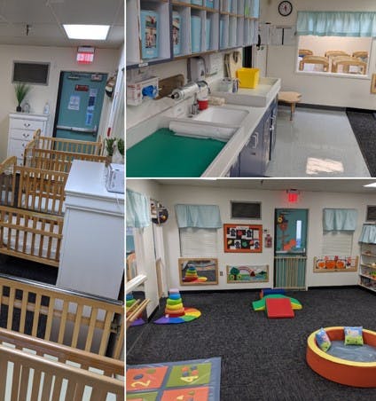 multiple rooms in a daycare, showing cribs, changing stations, and a play area