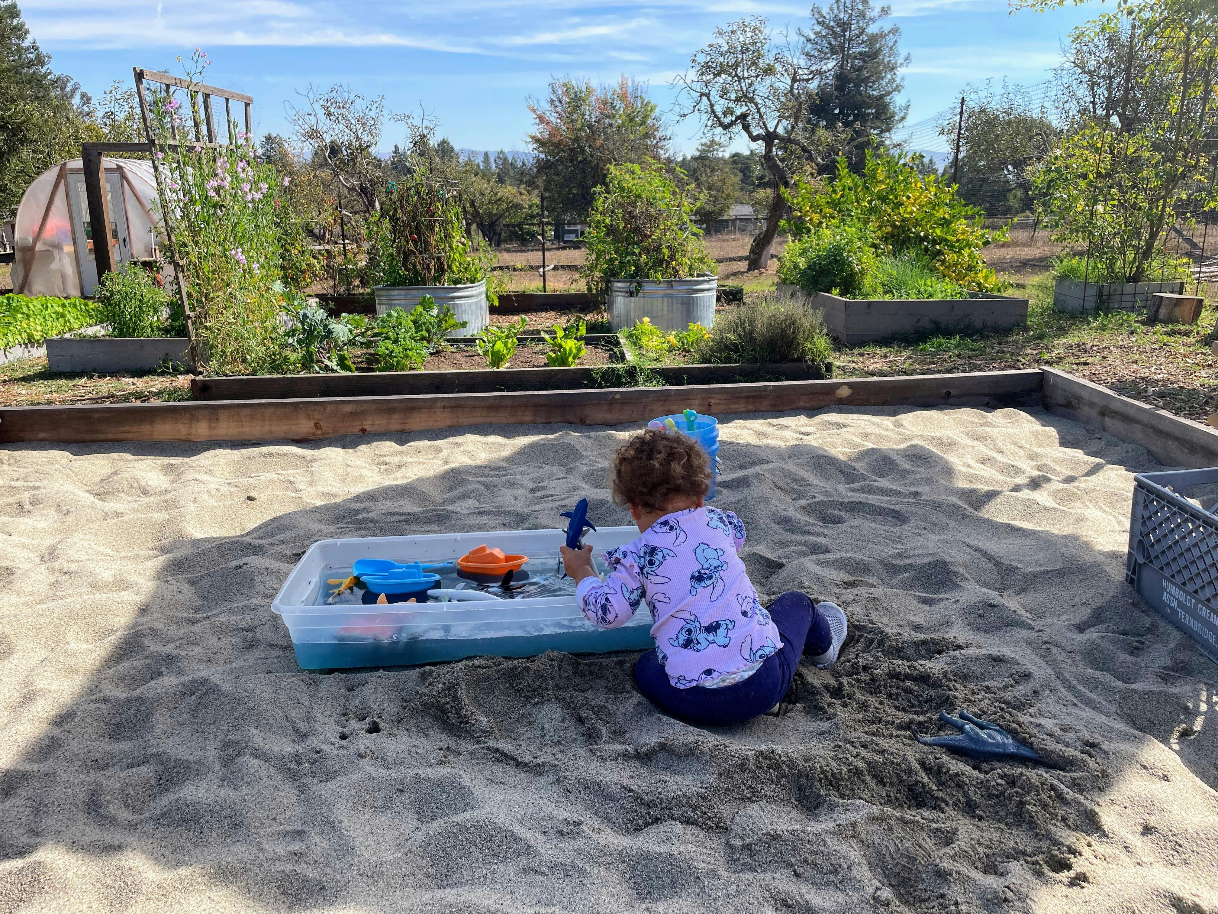 Child playing in a sandbox with a water bin in a garden