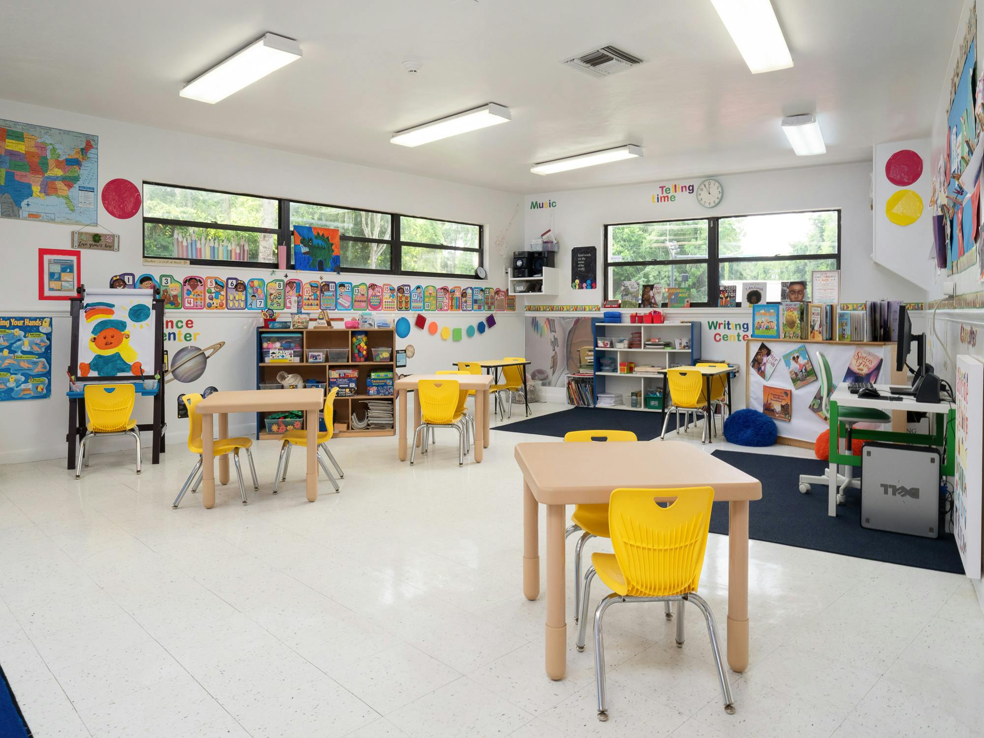 Classroom with small tables and chairs