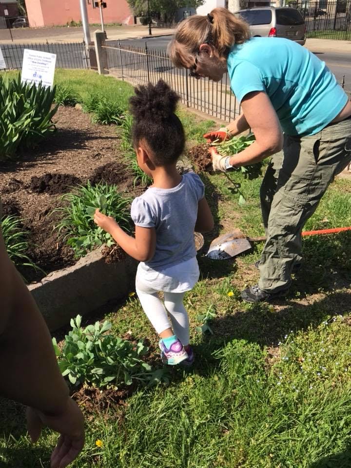 Adult and child gardening in a raised bed