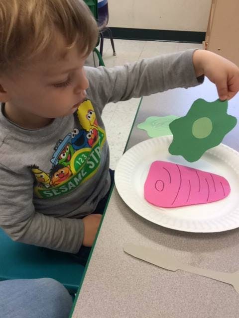 Child holding a green paper cutout over a paper plate with a pink cutout