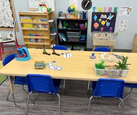 Classroom table with a microscope and a container with shells and plants