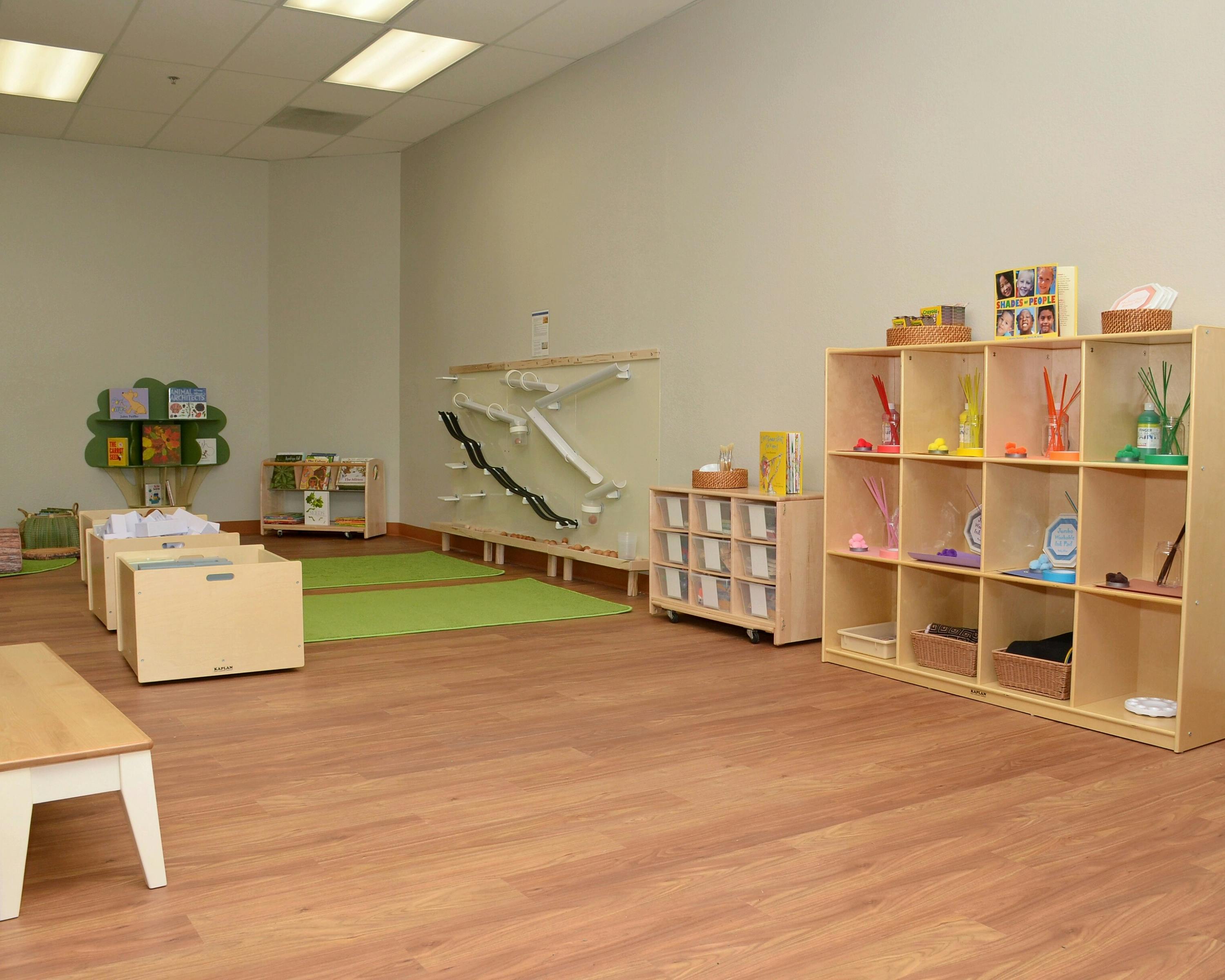 Empty classroom with wooden furniture and green rug
