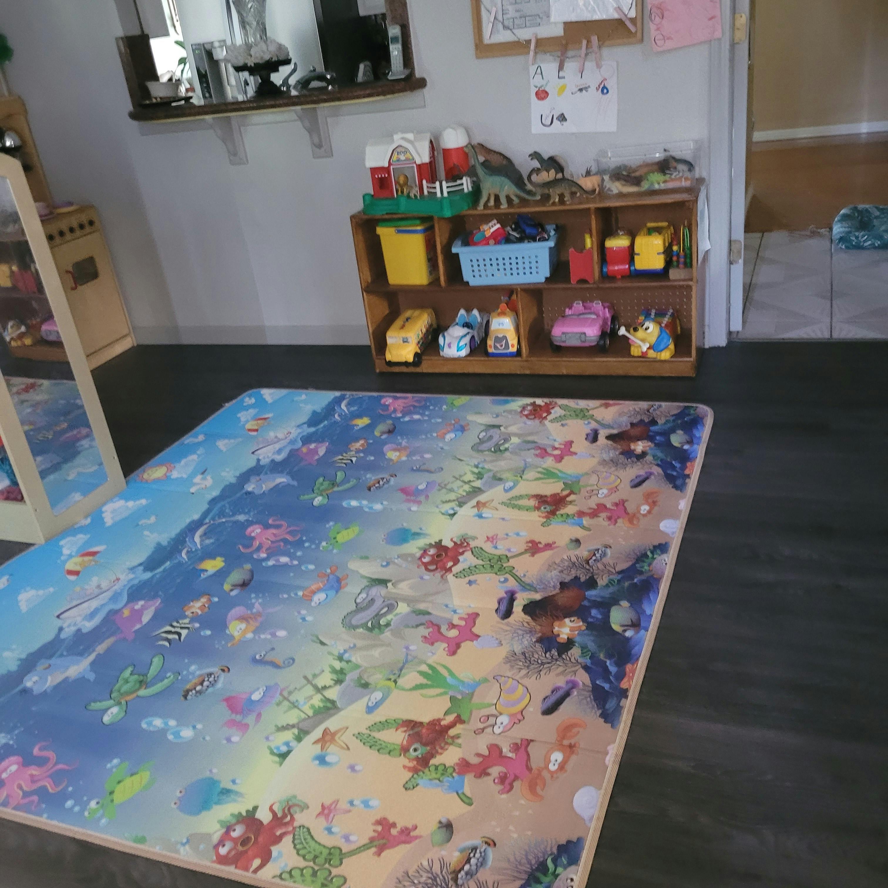Playmat with ocean creatures on a dark floor in a room with a toy shelf
