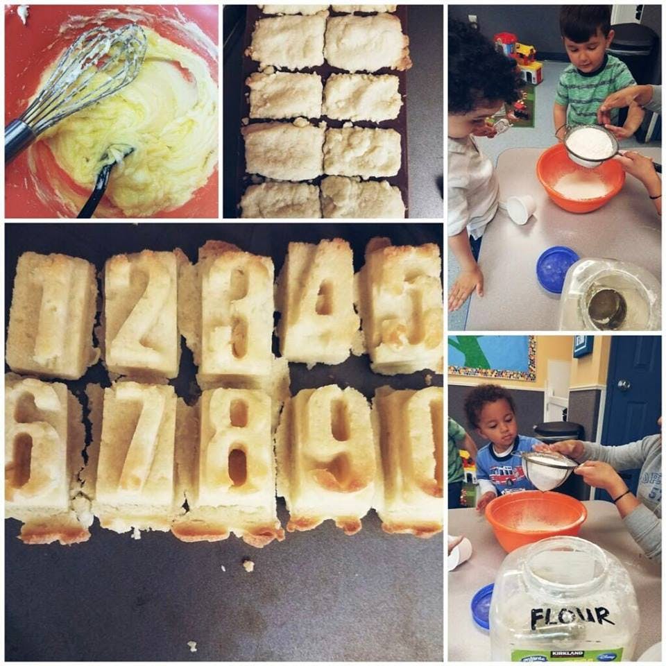 Collage of people baking and number-shaped baked goods