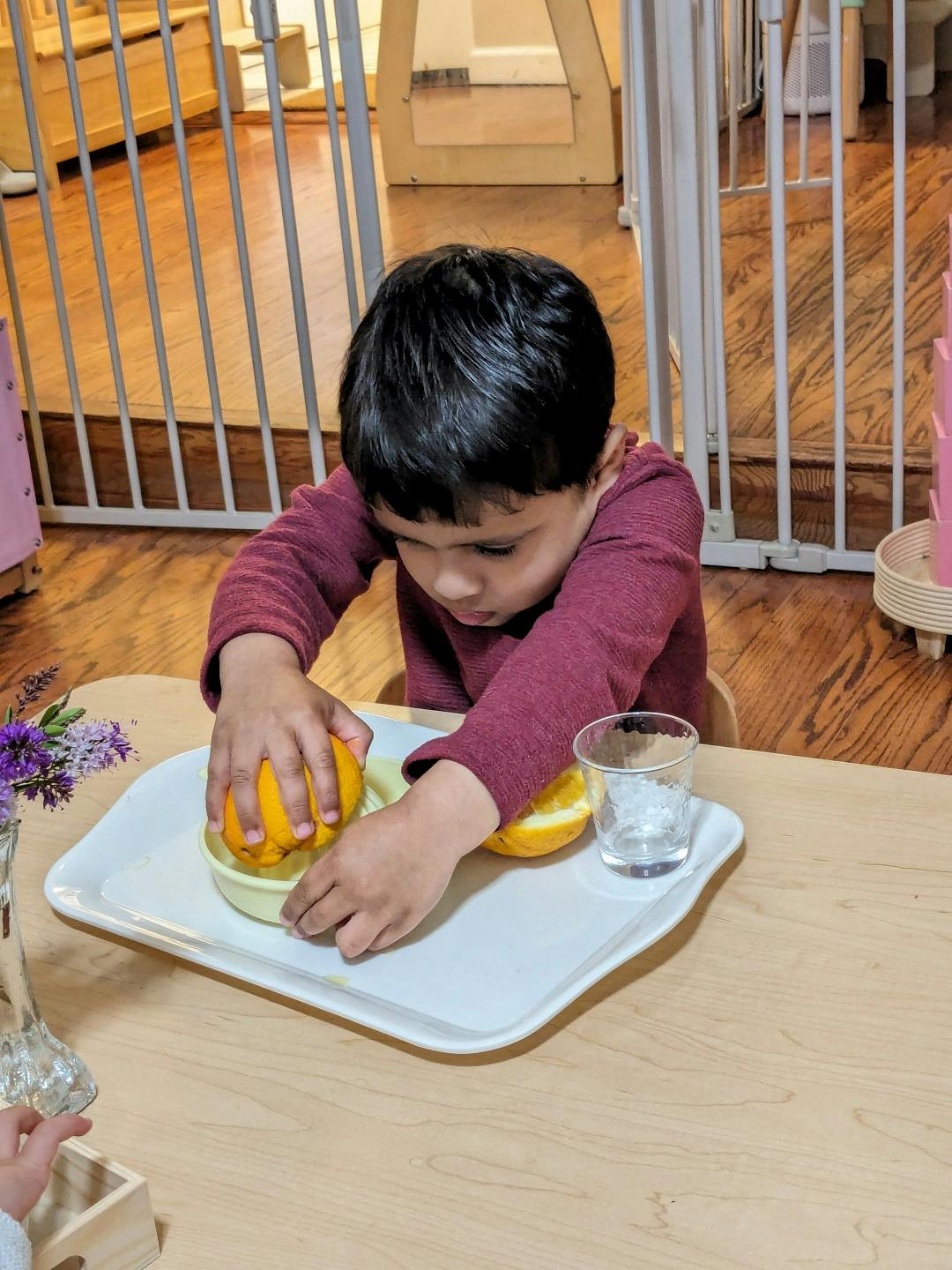 Child squeezing an orange with a juicer on a tray