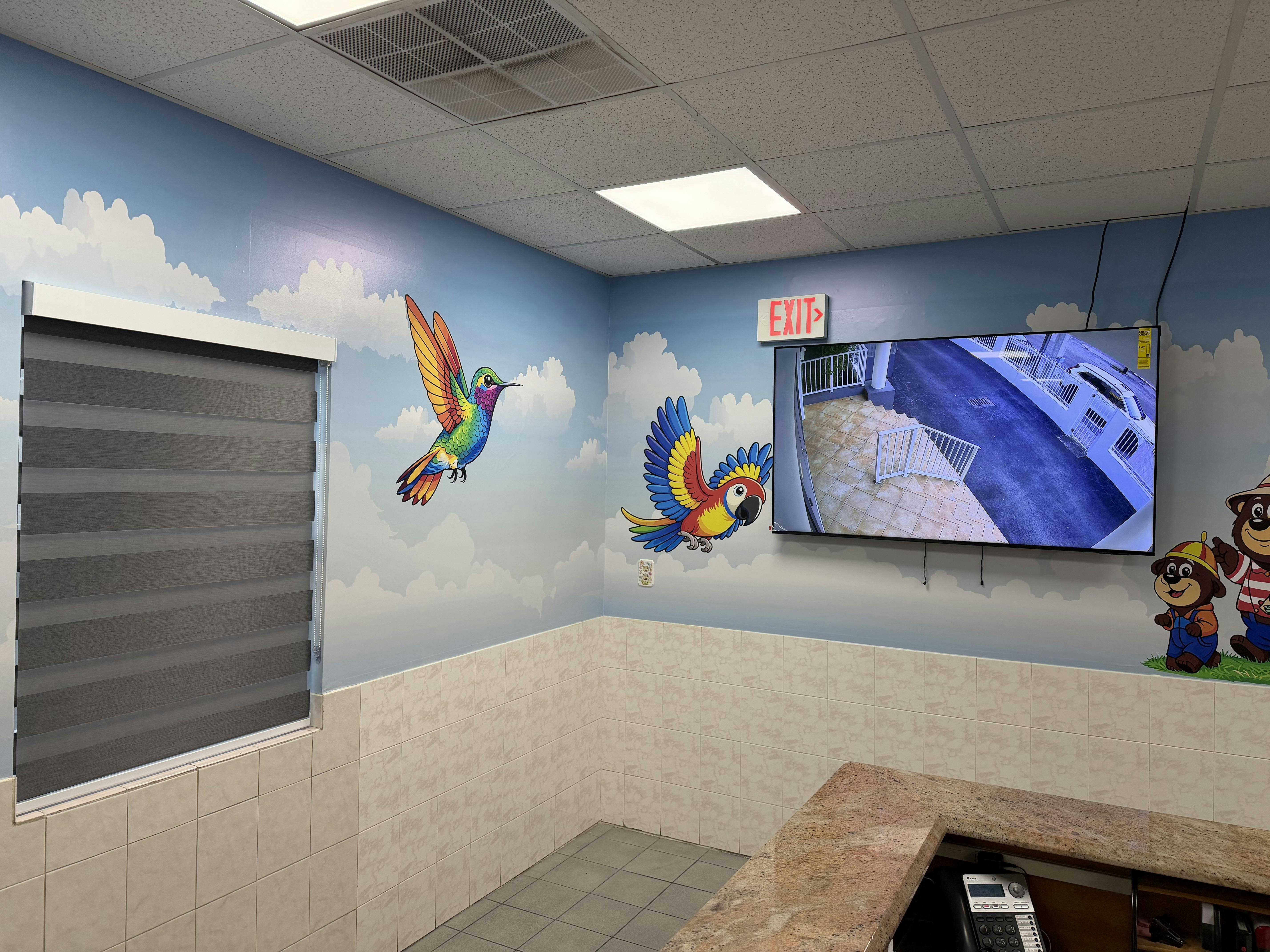 Room with cloud murals, a window blind, a TV showing a security camera feed
