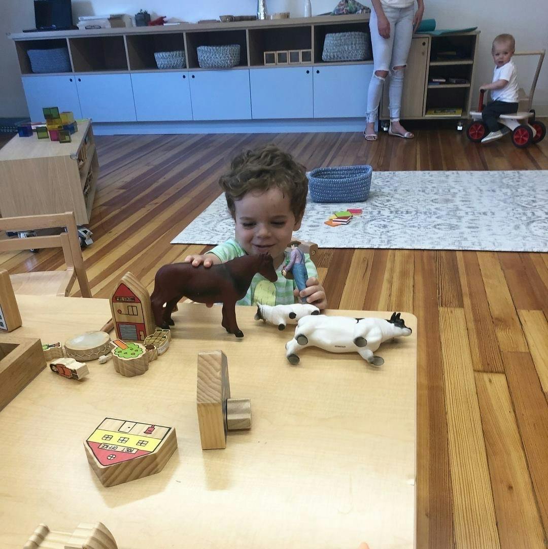Child playing with toy animals on a table
