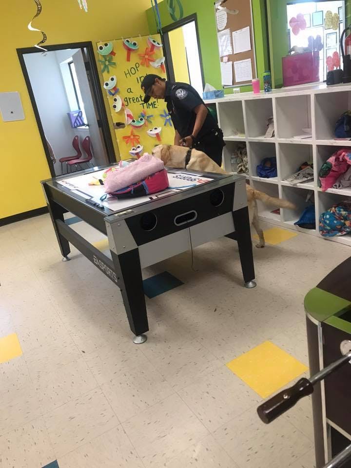 Person in uniform with a dog in a room with an air hockey table