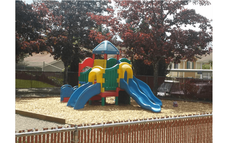 Colorful playground structure with multiple slides on wood chips