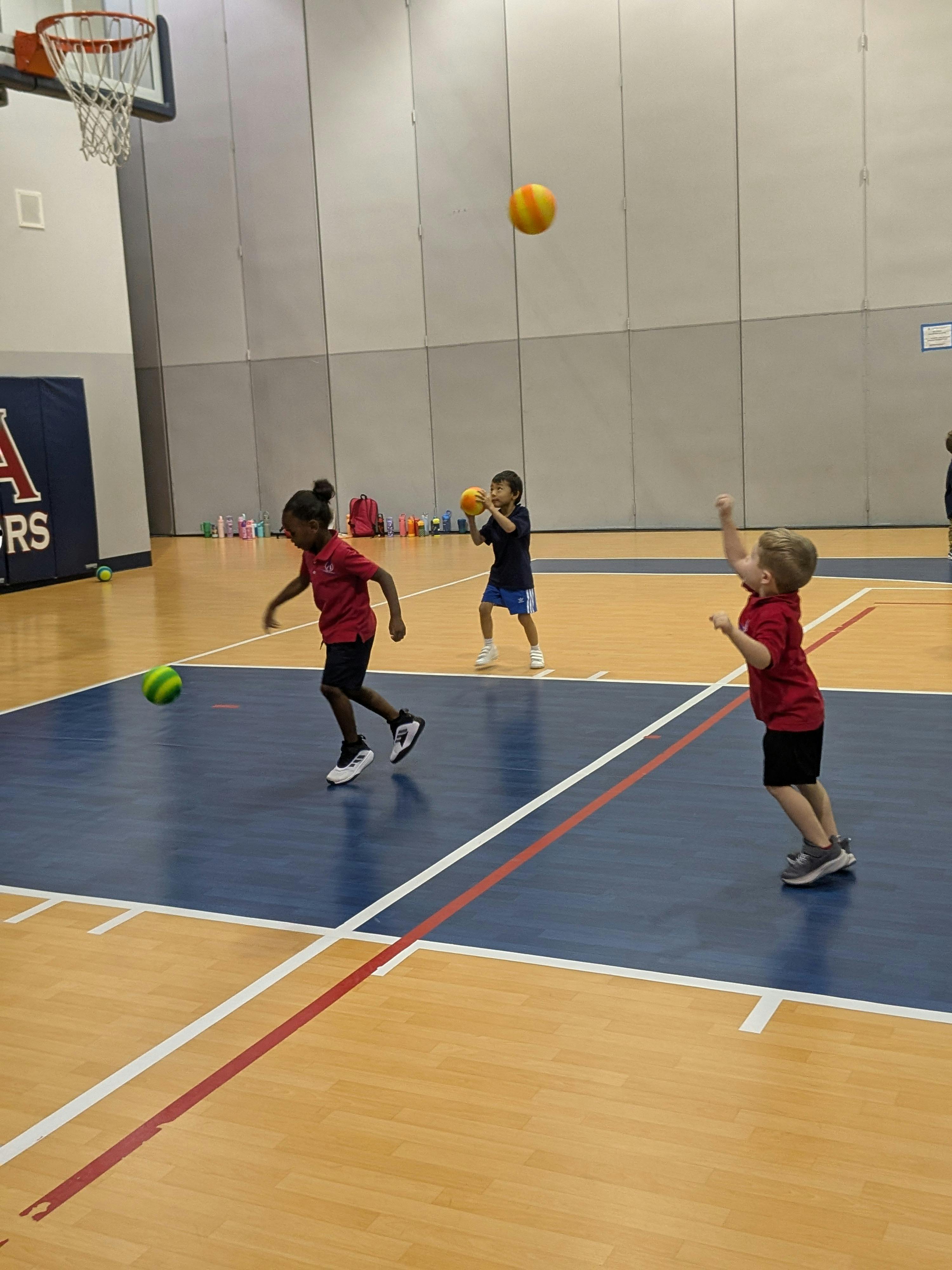 Children playing with balls in a gymnasium