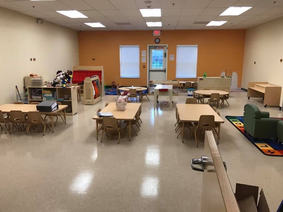 Classroom with multiple tables and chairs