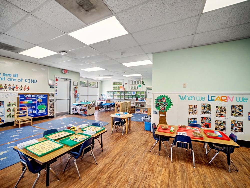 Classroom with tables, chairs, and colorful decorations on the walls