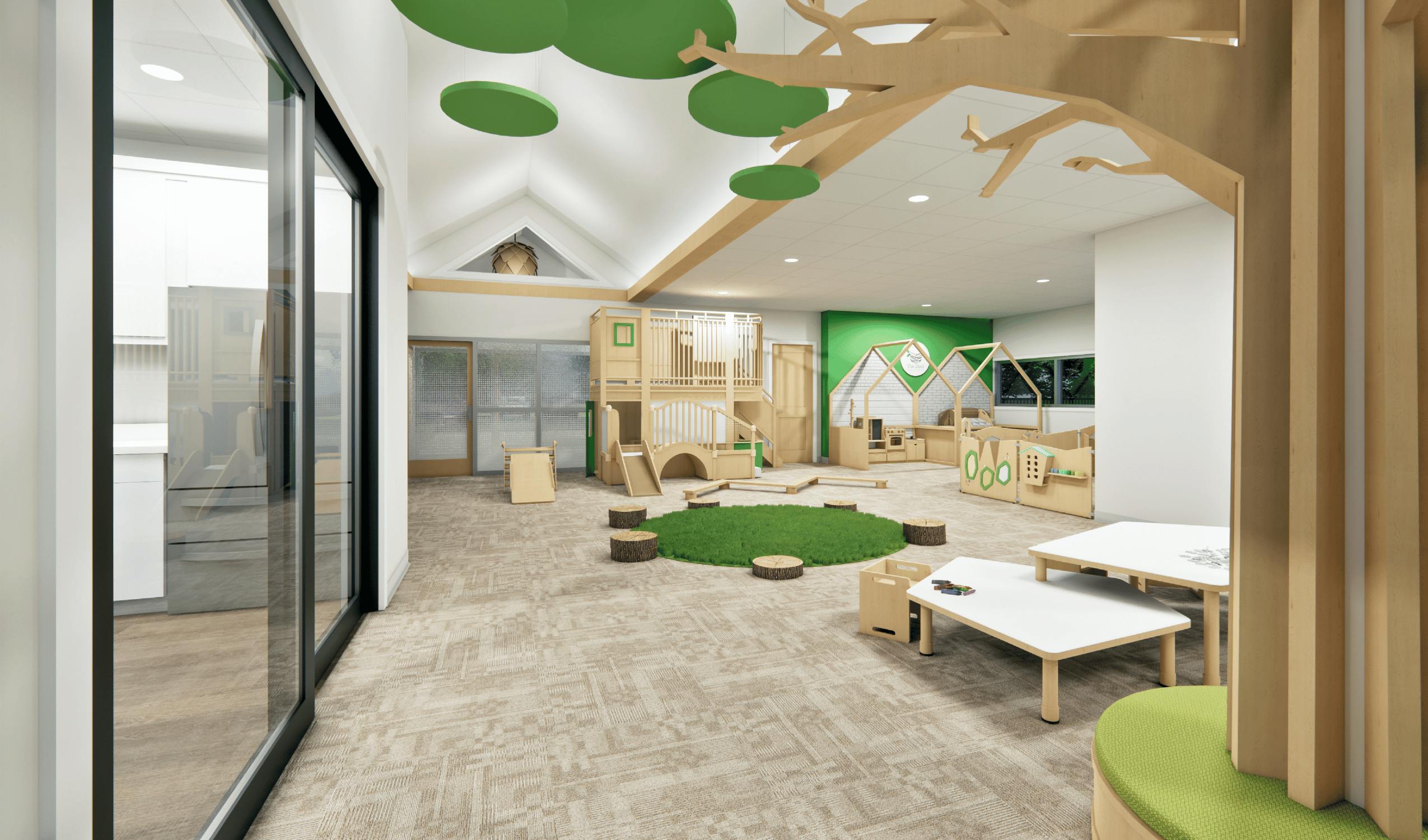 Playroom with tree-like structures, green rug, and small tables