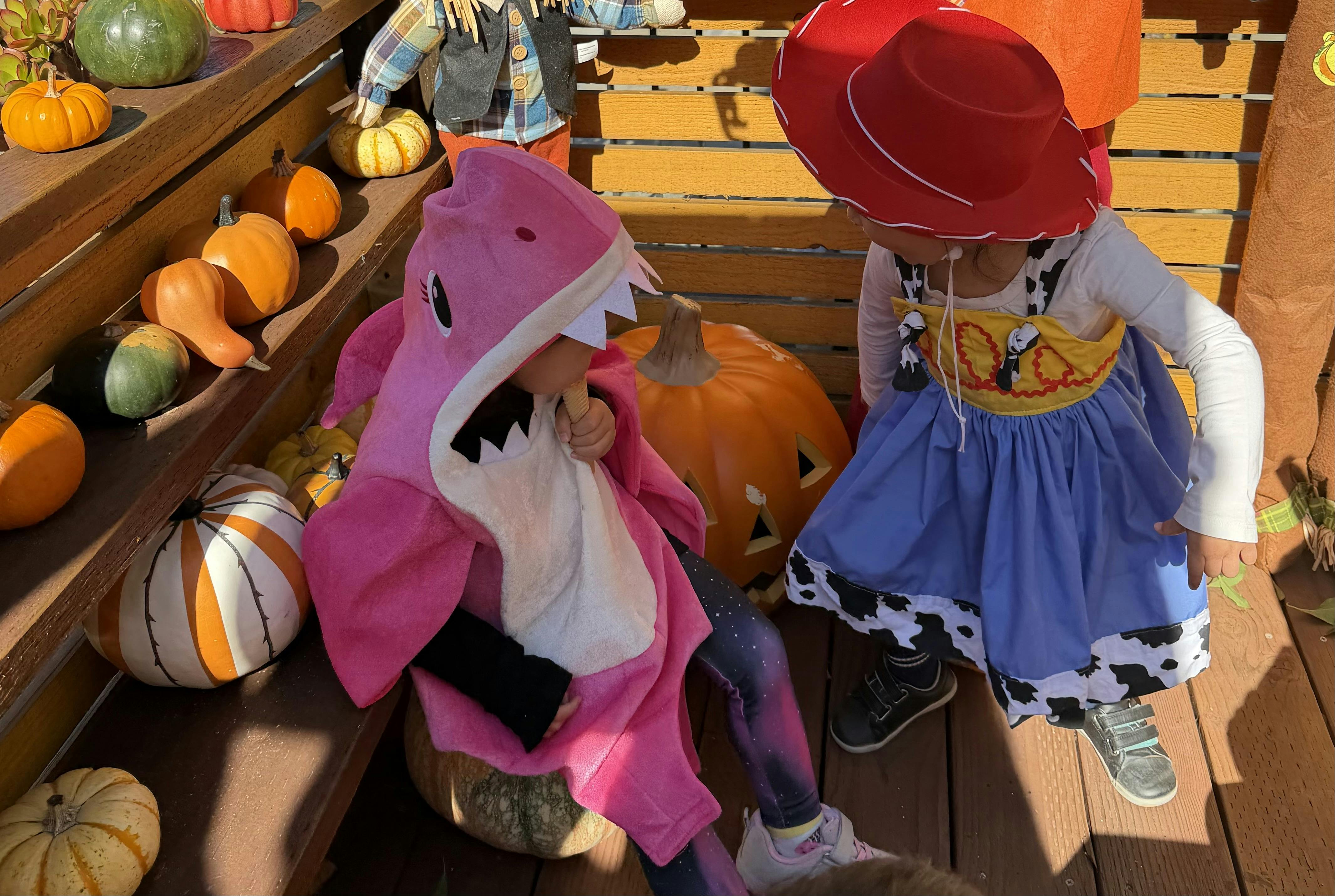 Children in costumes of a pink shark and a cowgirl sitting among pumpkins