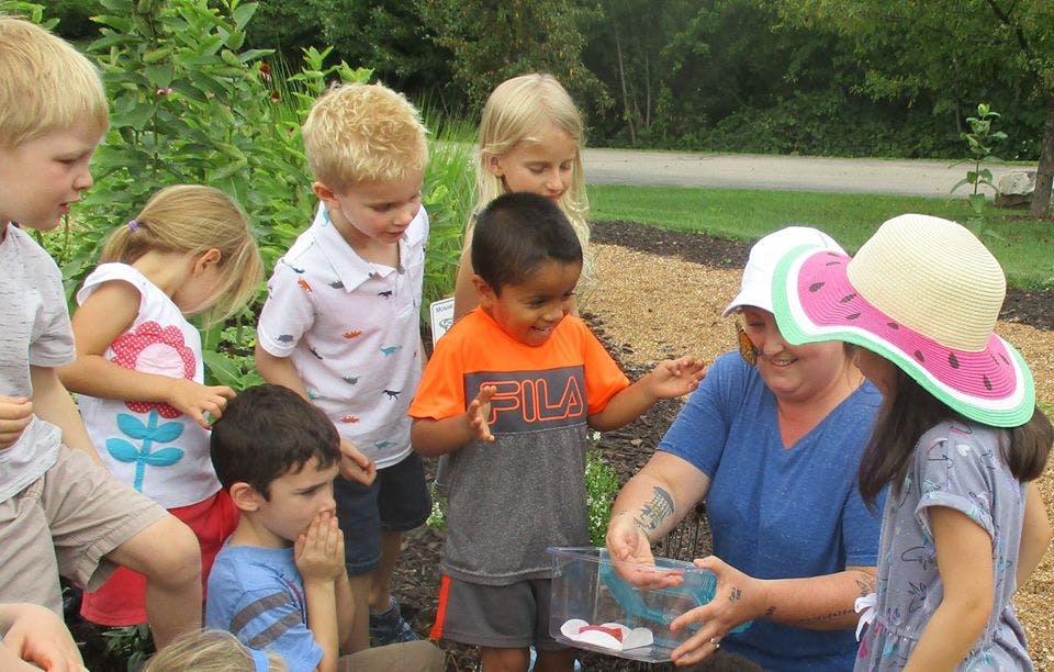 Adult and children looking at something in a clear container