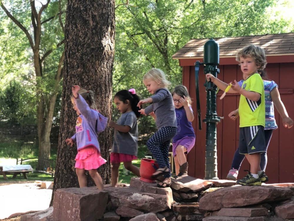 Children playing outdoors on rocks near a tree