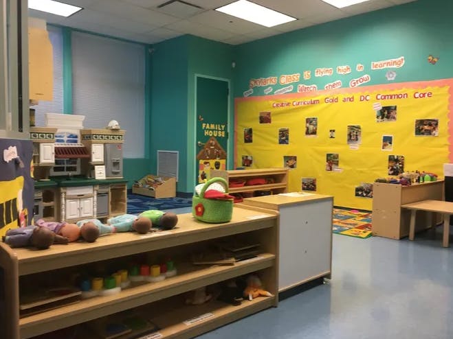 Classroom with toys and learning materials on shelves