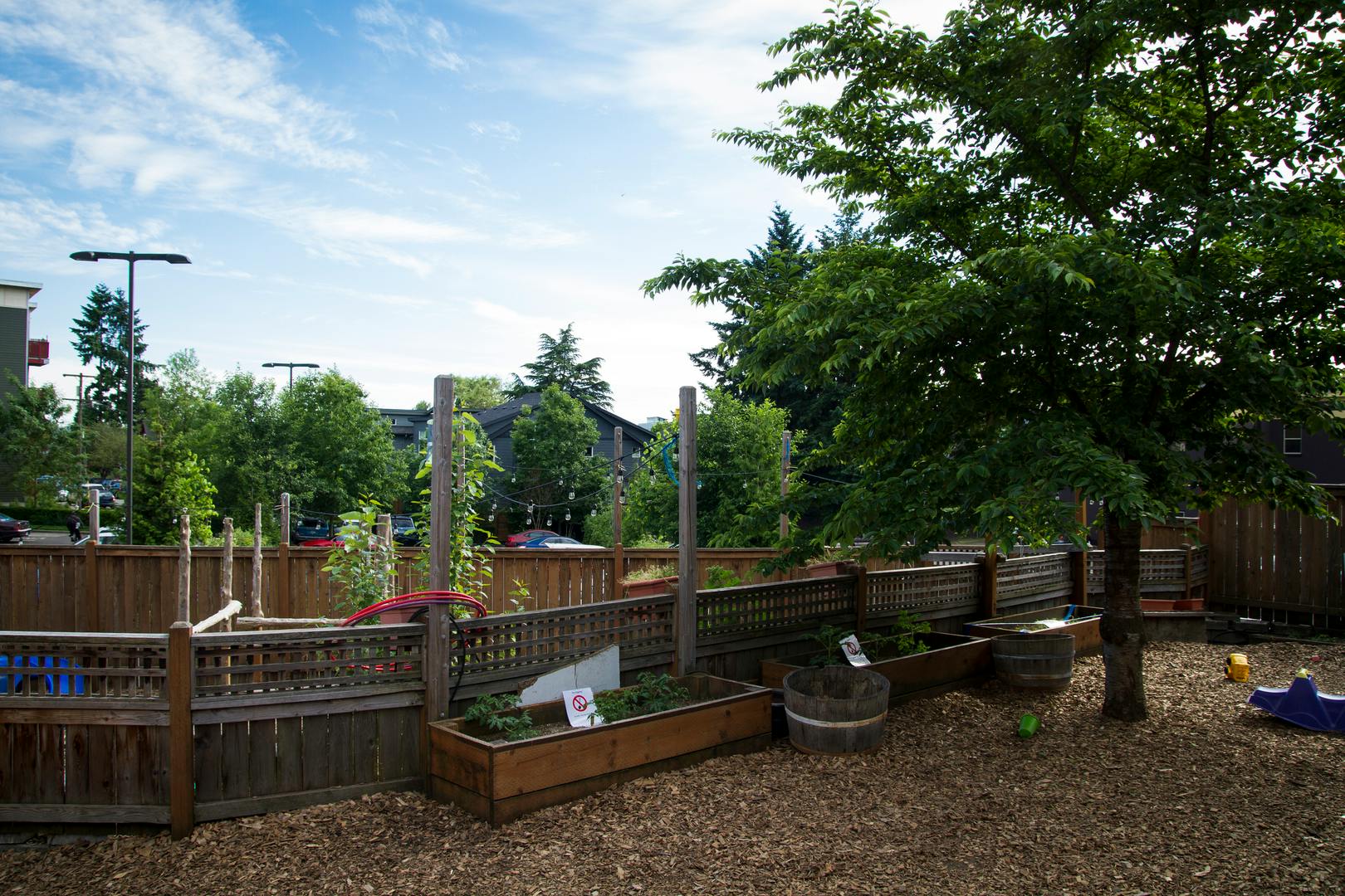 Outdoor garden area with raised beds and a wooden fence