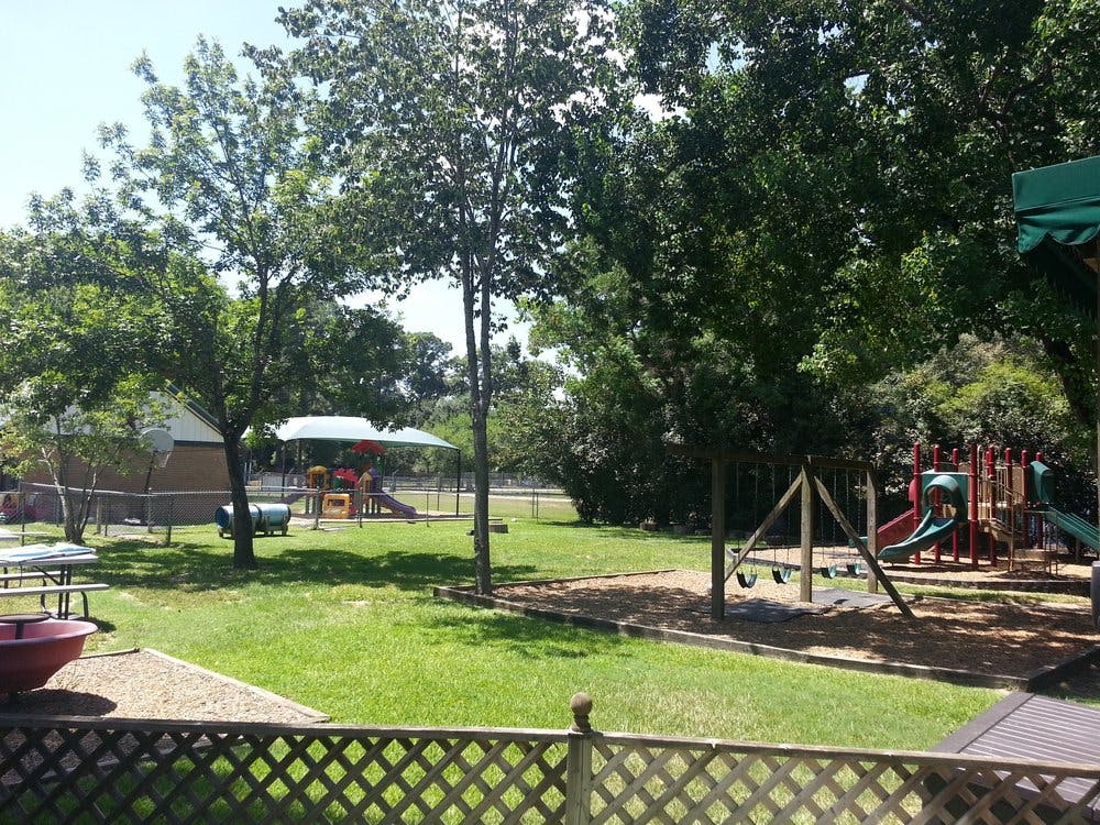 Outdoor playground with slides, swings, and green trees