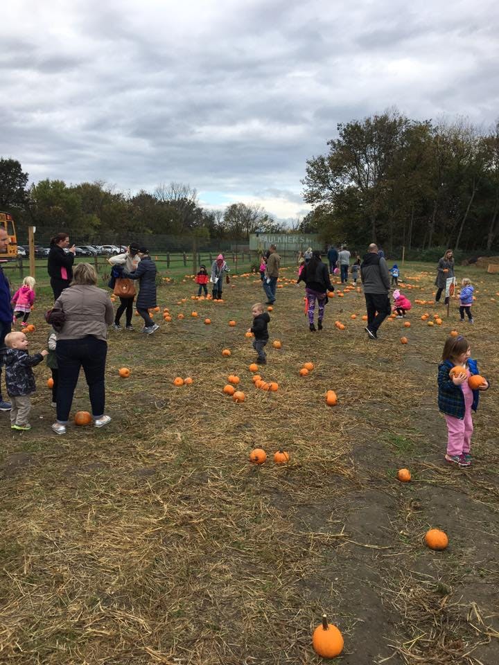 People and children in a pumpkin patch
