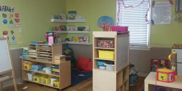 Classroom with shelves of books and toys