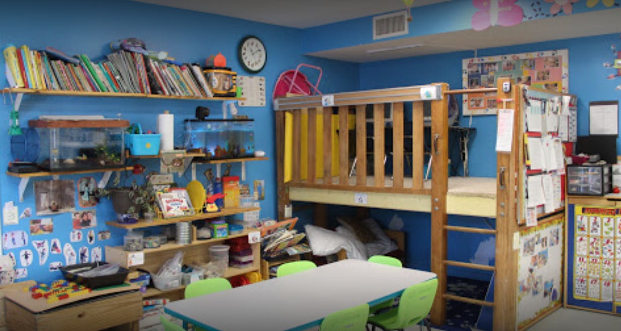 Classroom with shelves of books and aquariums, and a bunk bed