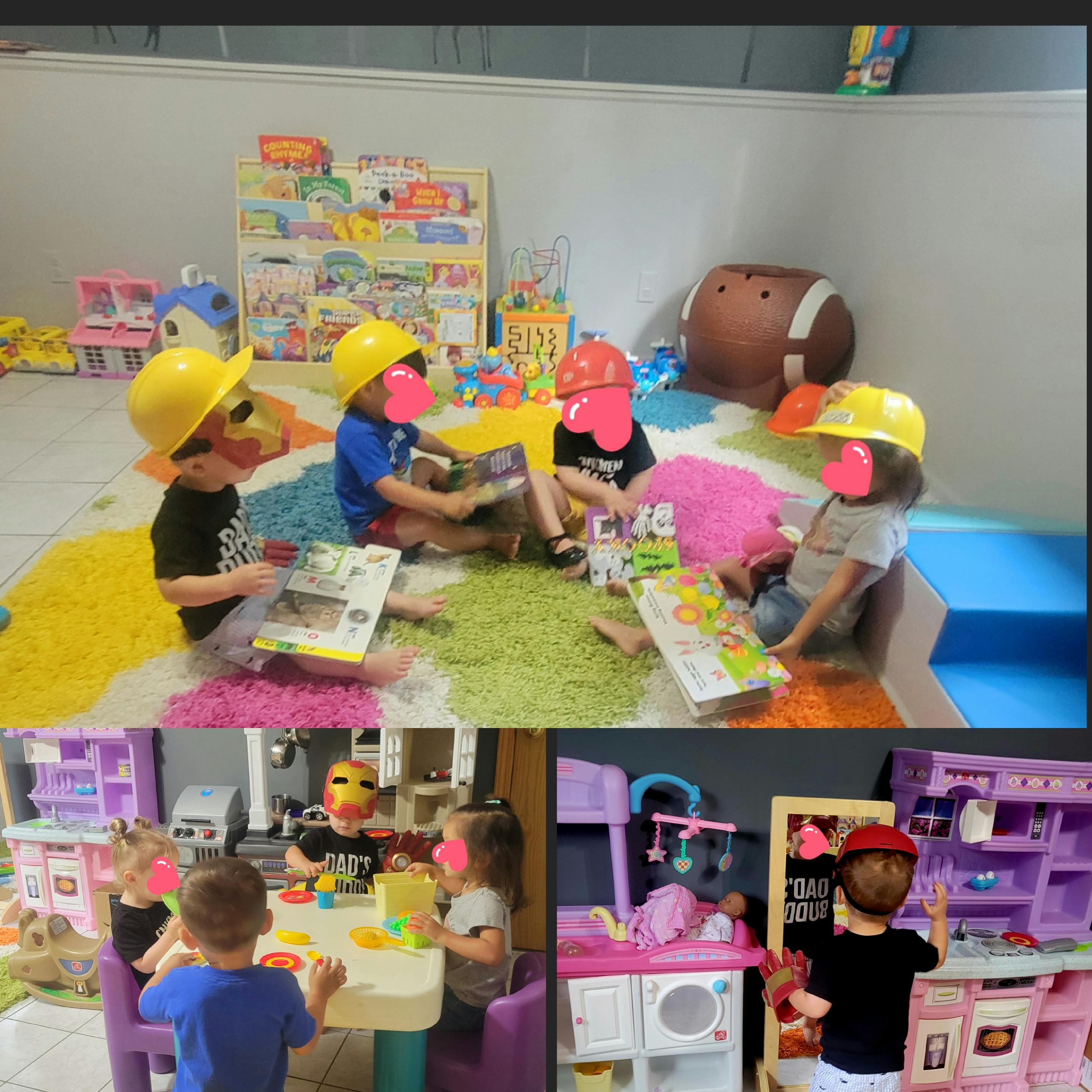 Children playing with toys and reading books in a playroom