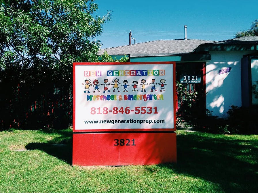 Sign for New Generation Preschool & Kindergarten with phone number and website