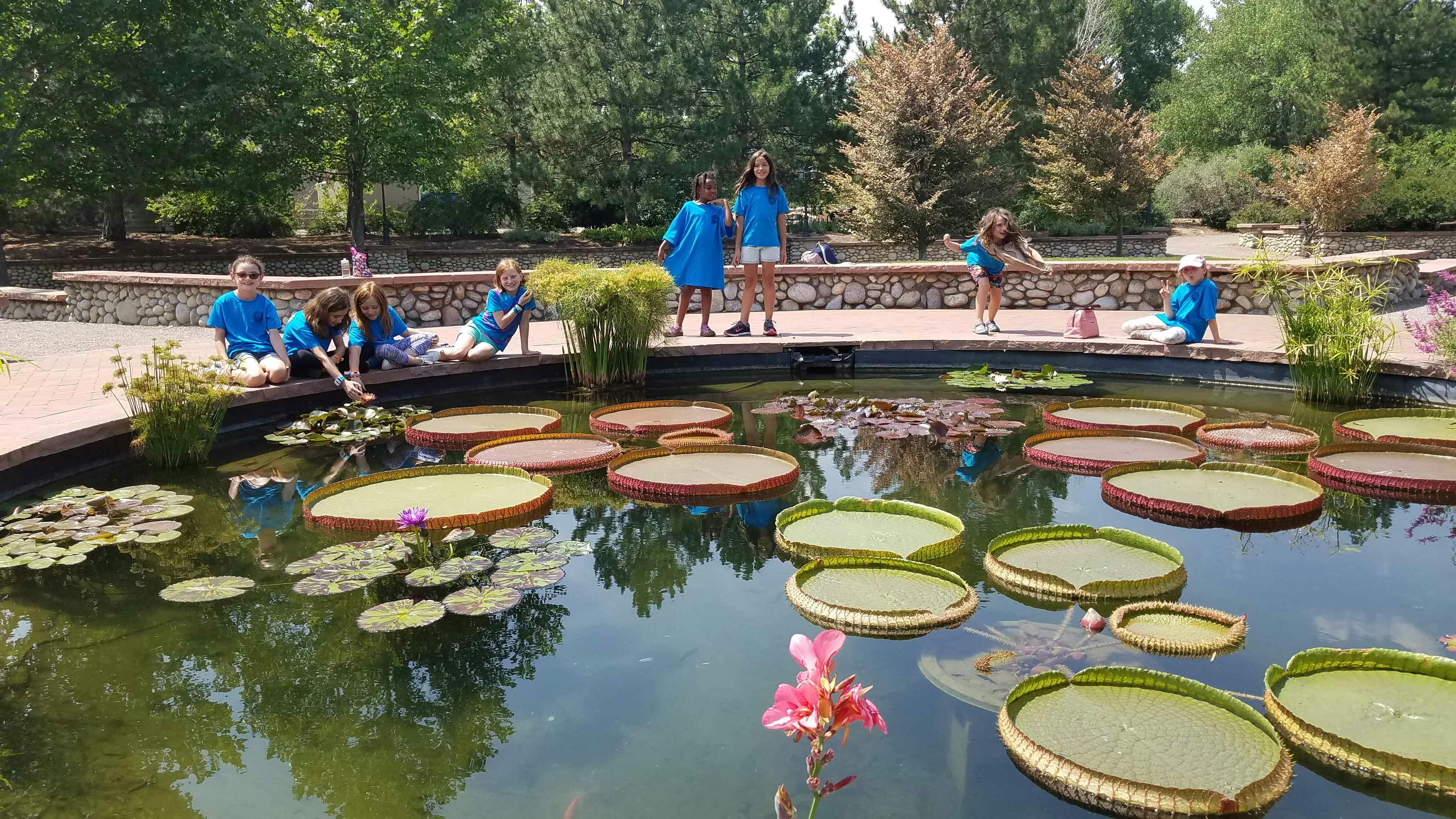 Children and teens around a pond with lily pads