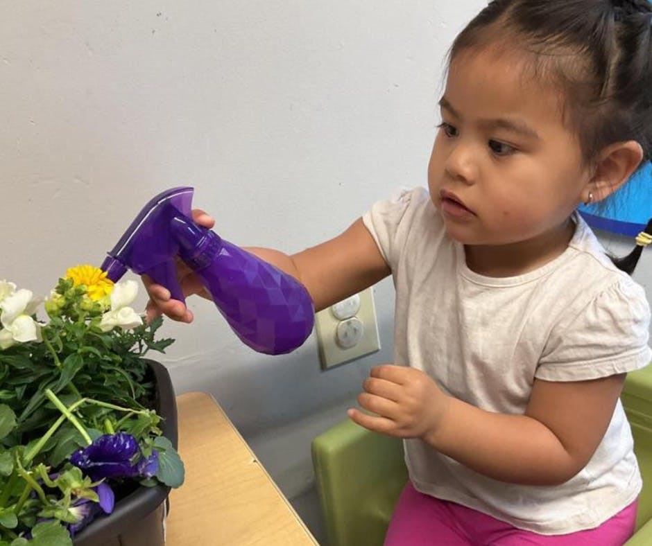 Child watering flowers with a spray bottle