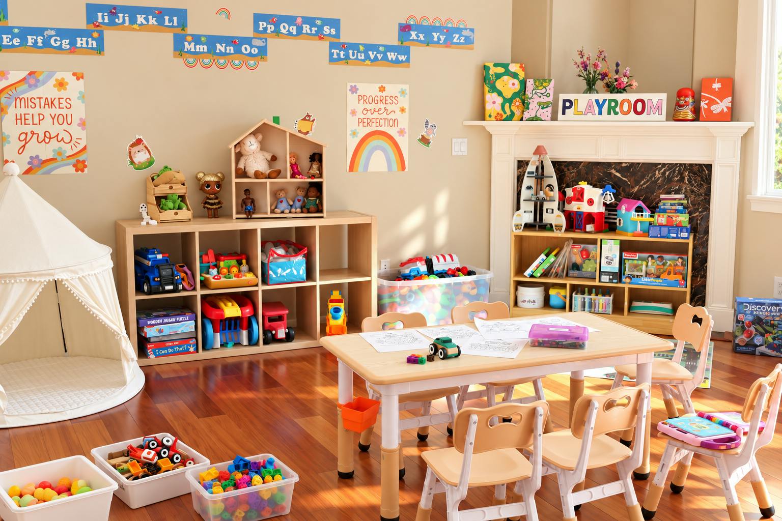 Playroom with a small table, chairs, toy storage shelves, and a play tent