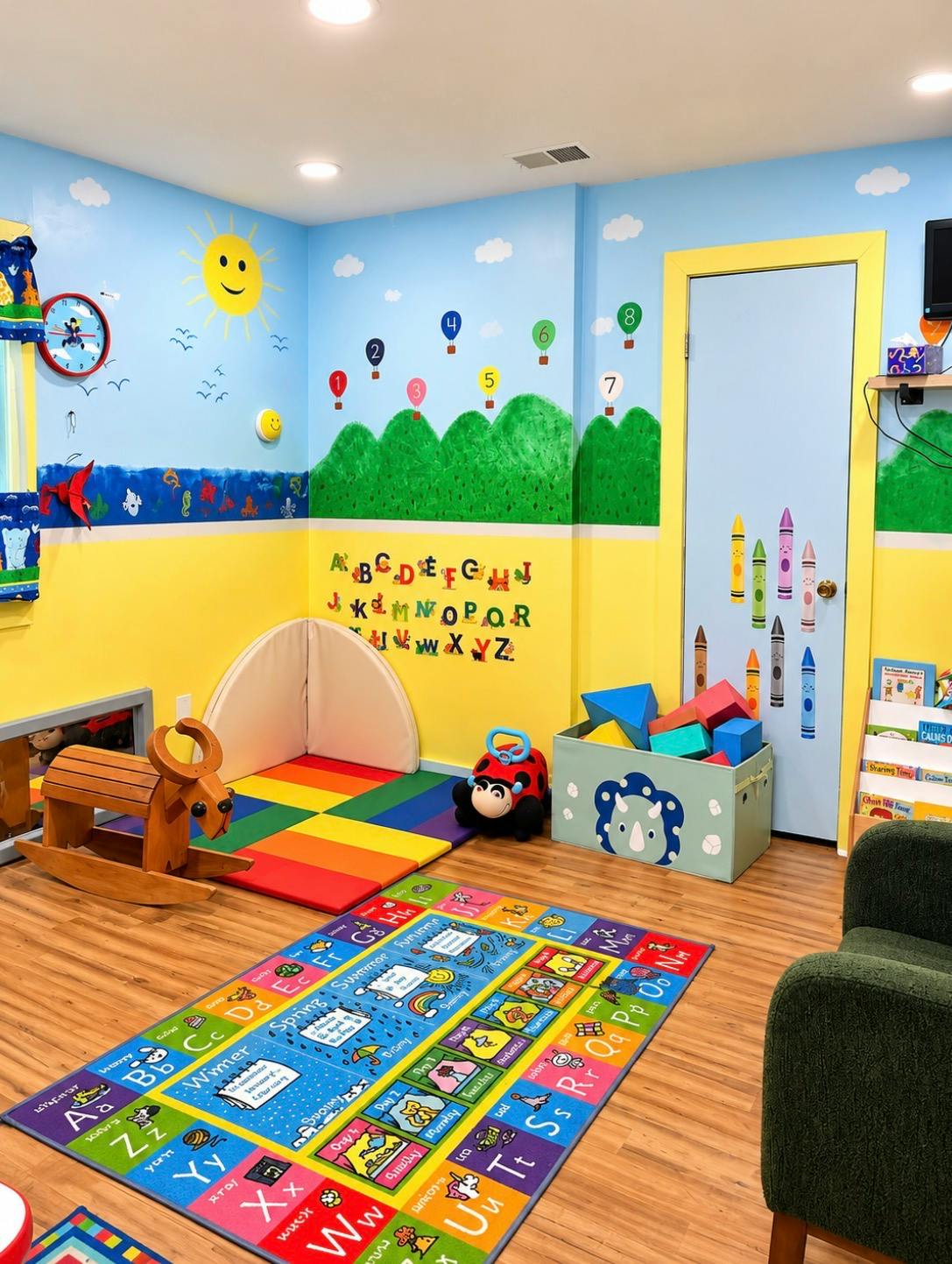 Colorful playroom with alphabet rug and murals on walls