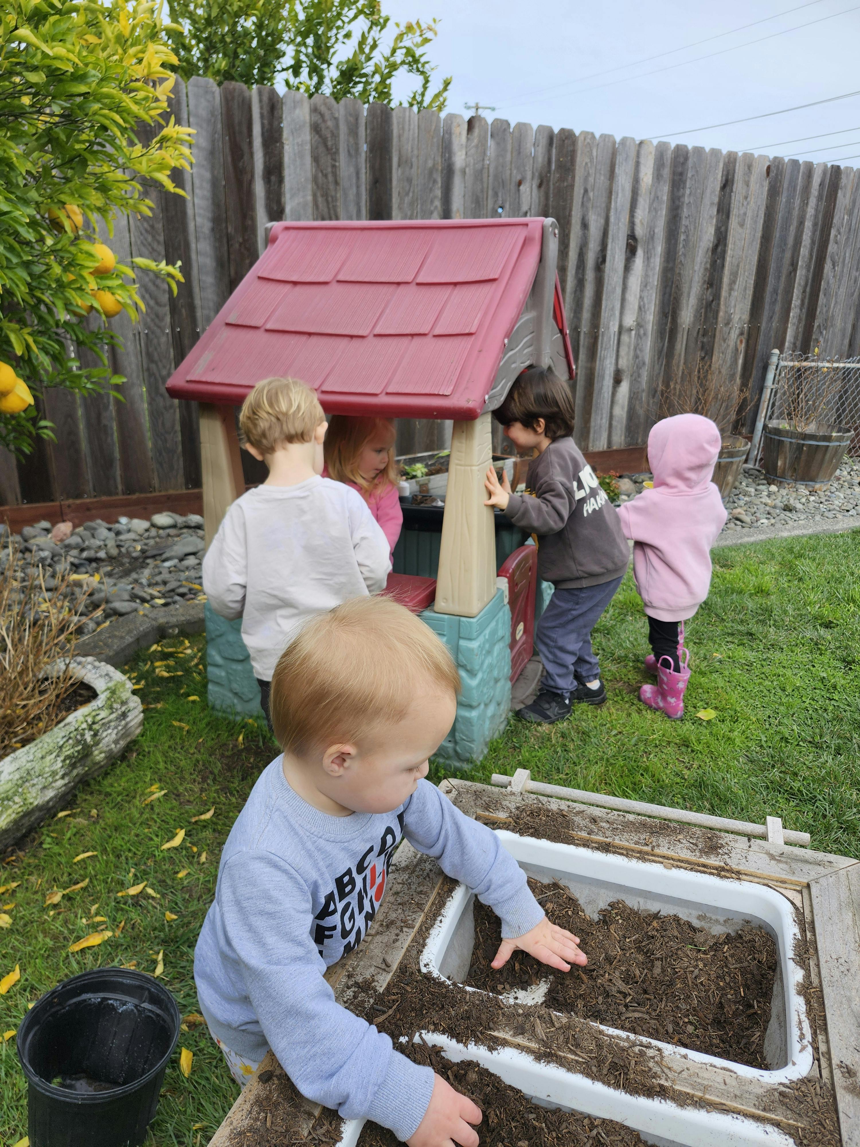 Children playing with a dirt bin and playhouse outdoors