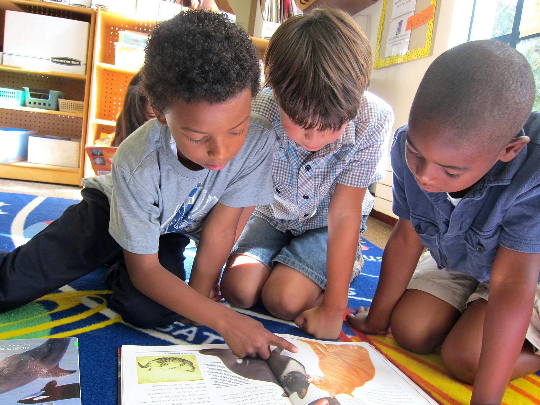 Three children kneeling on a rug looking at a book