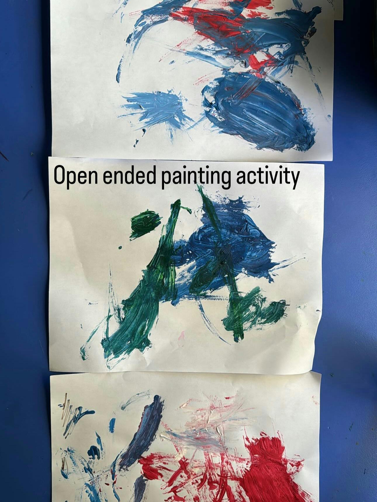 Three sheets of paper with abstract blue, red, and green paint strokes, text reads "Open ended painting activity"