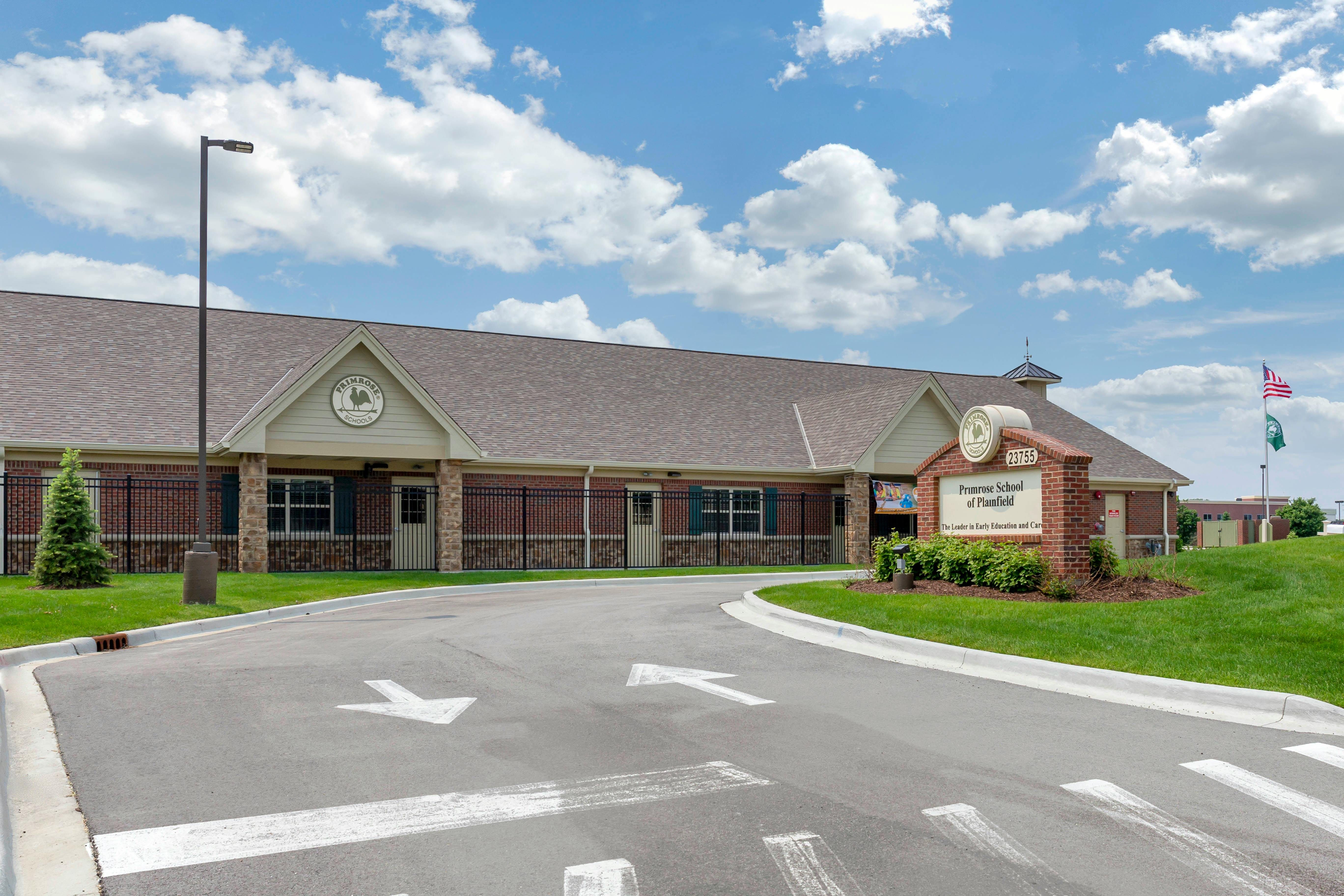 Exterior view of Primrose School of Plainfield building and sign