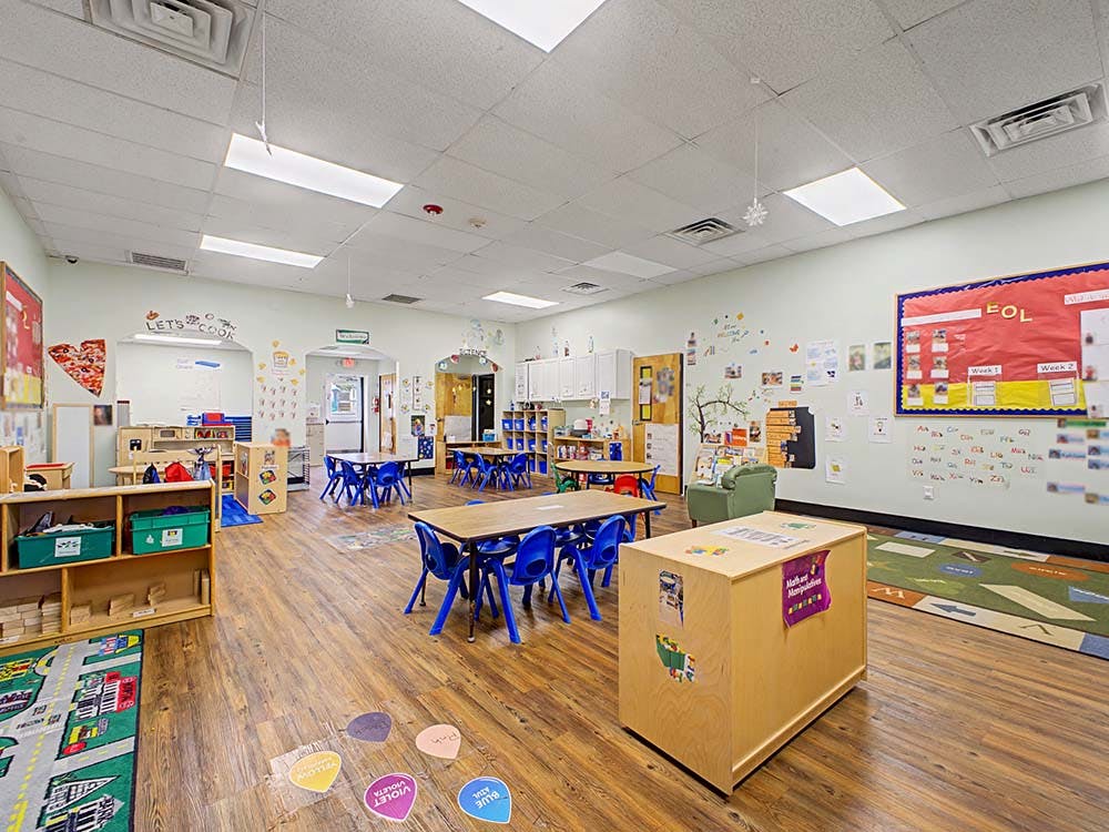 Empty classroom with small tables and chairs