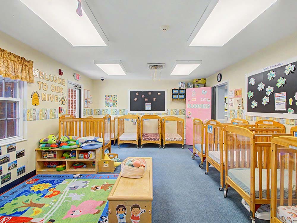 Cribs inside a daycare room with a colorful rug