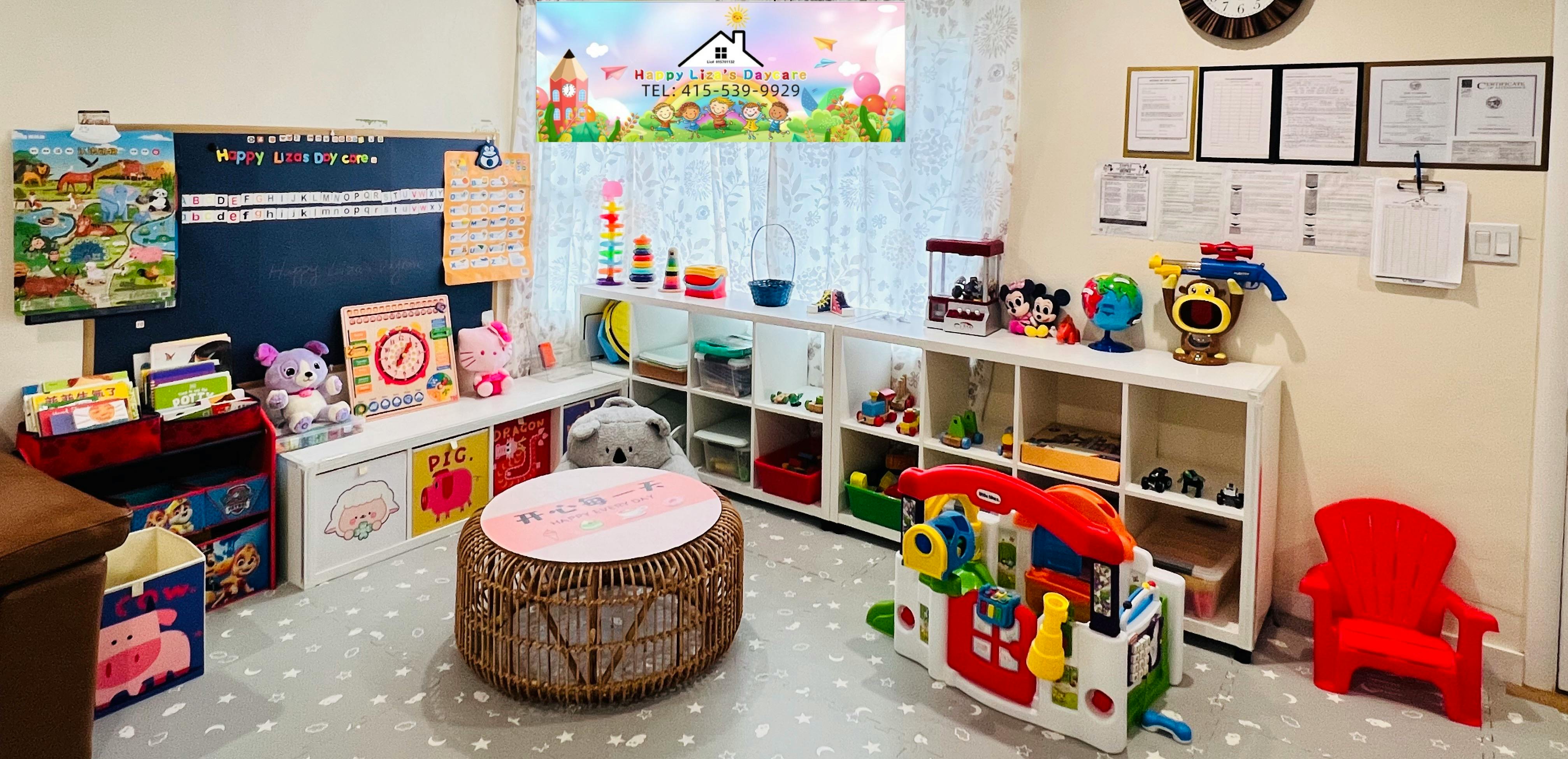 Colorful playroom with shelves of toys, a blackboard, and a round wicker table