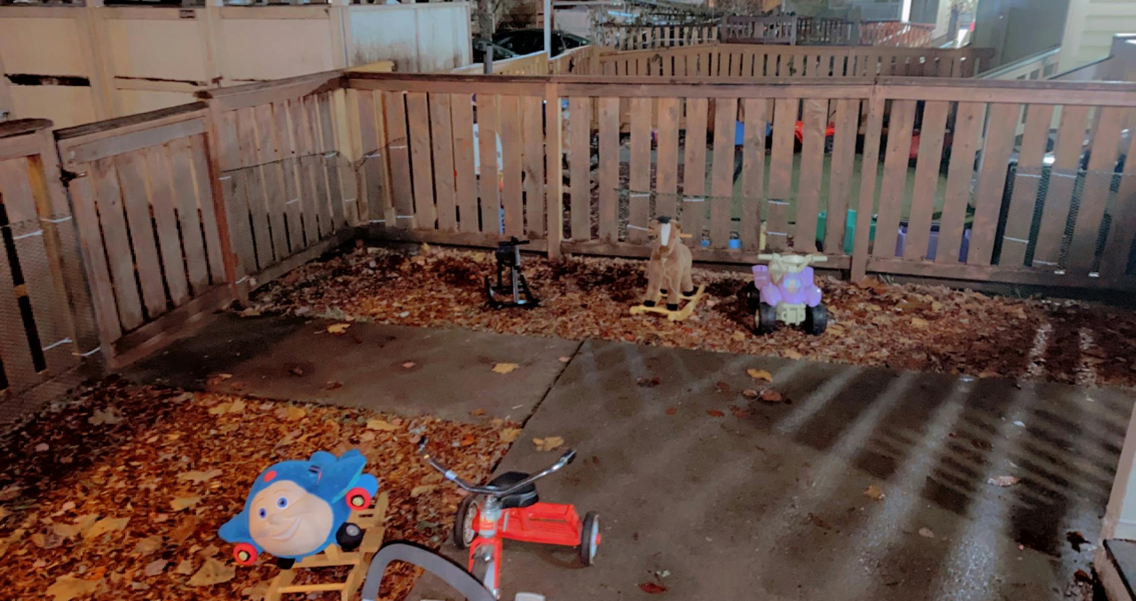 Backyard with fallen leaves and children's toys