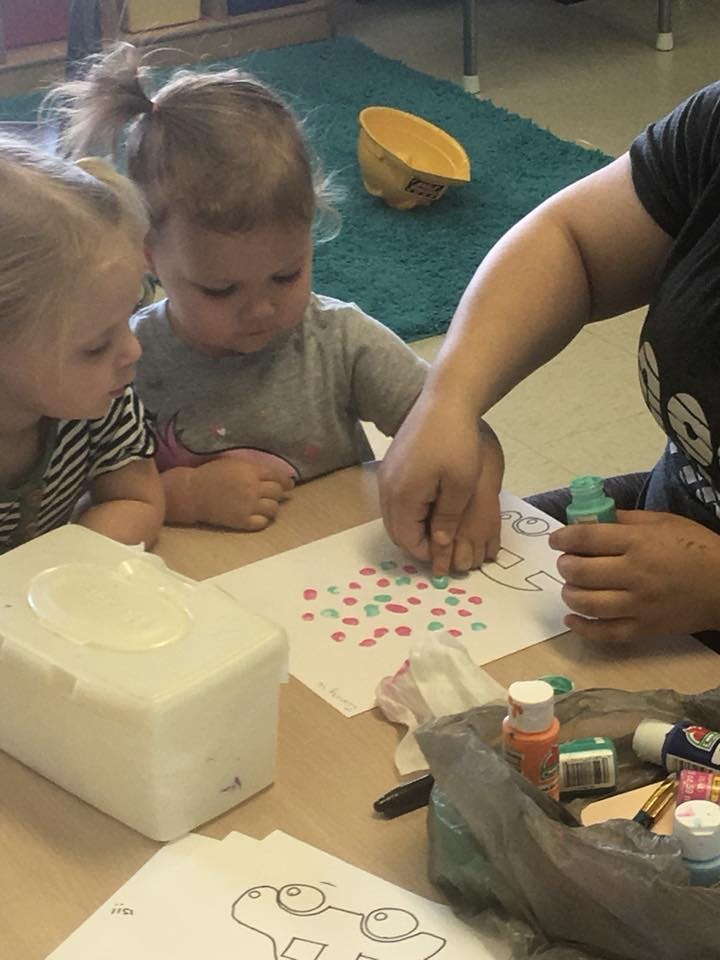 Two children and an adult doing a craft with paint on paper