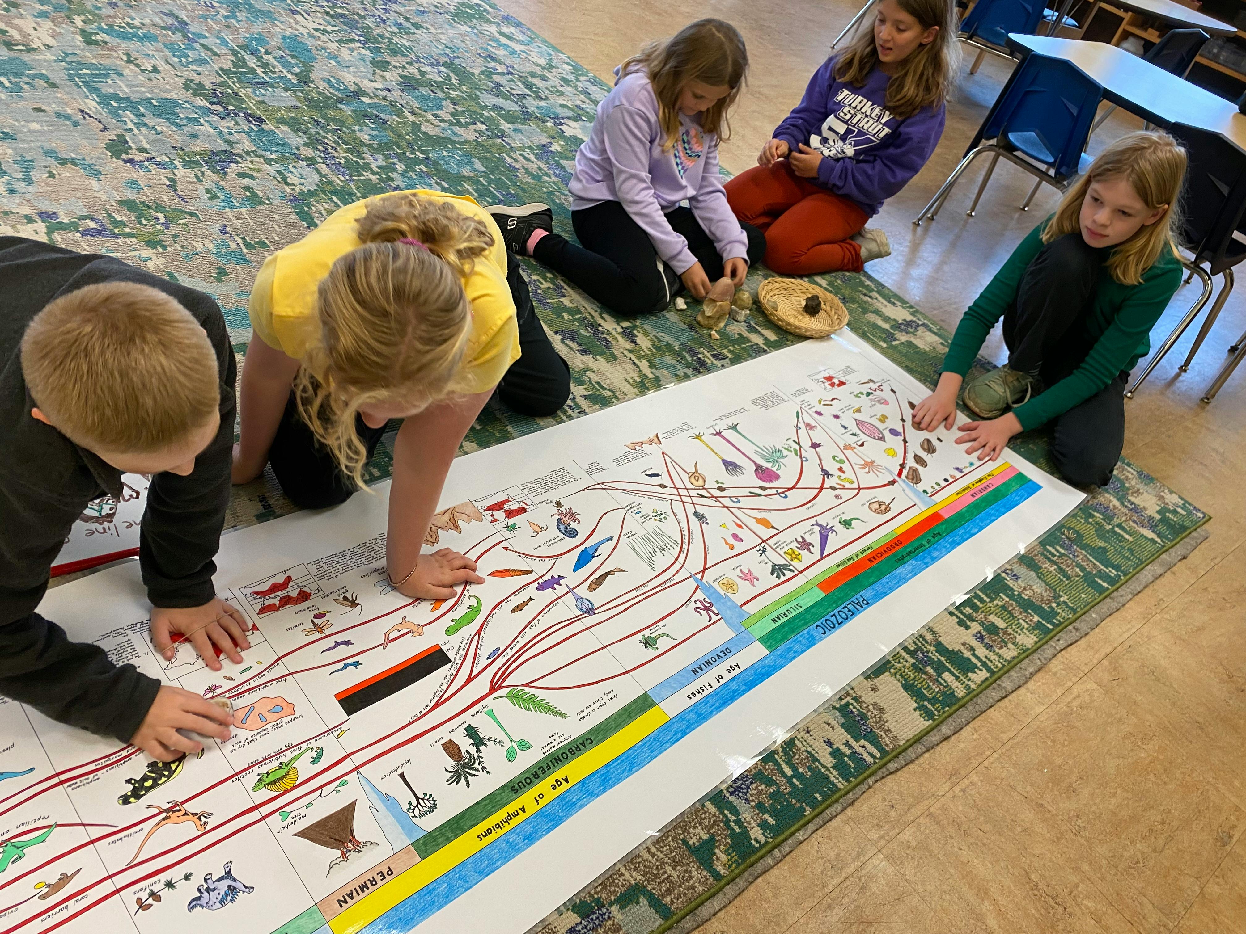 Four children on the floor looking at a large illustrated map