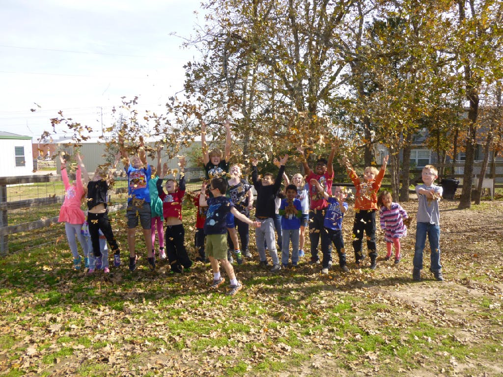 Group of children throwing leaves in the air outdoors