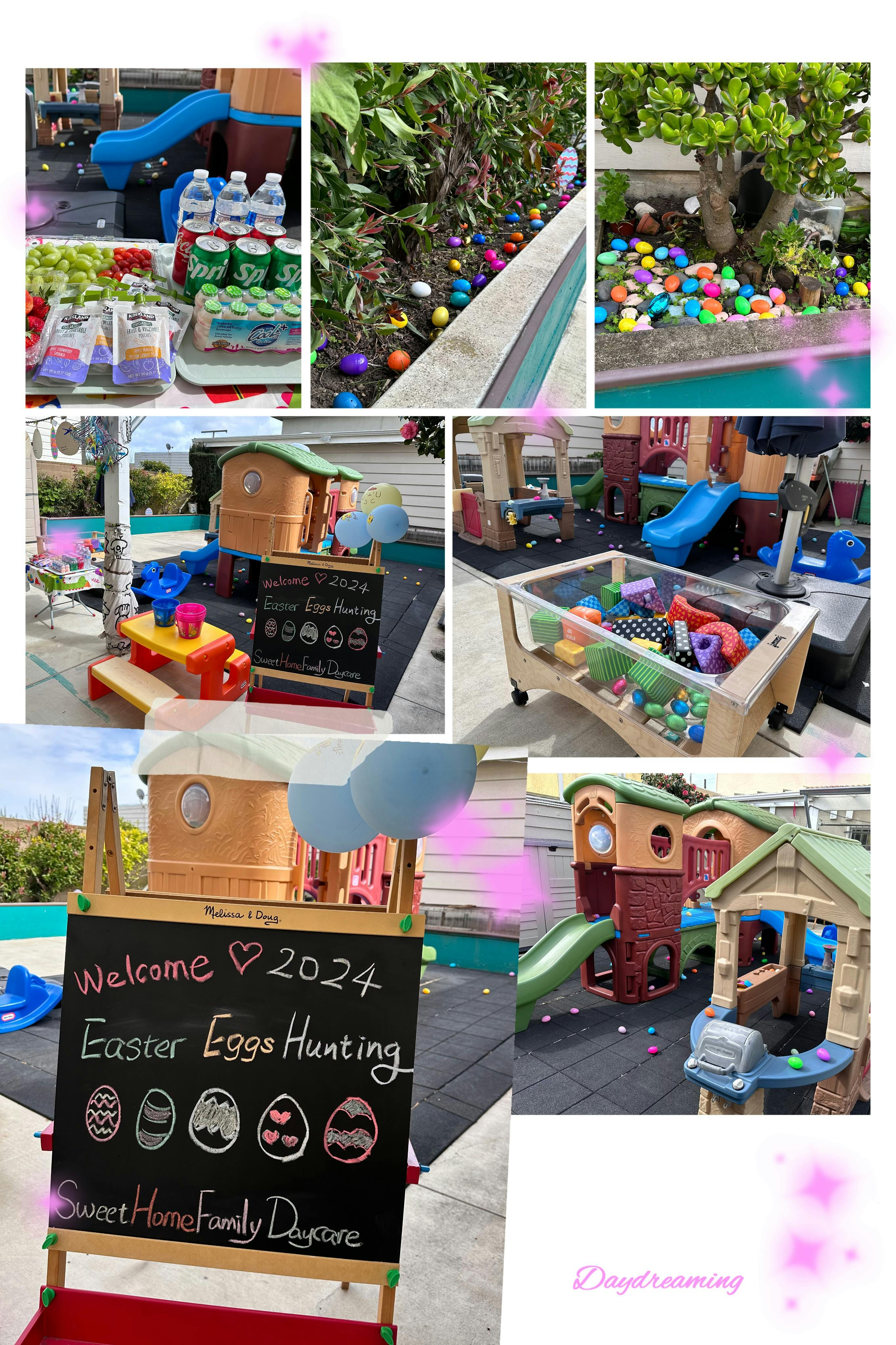 Collage of Easter egg hunt decorations and playground equipment