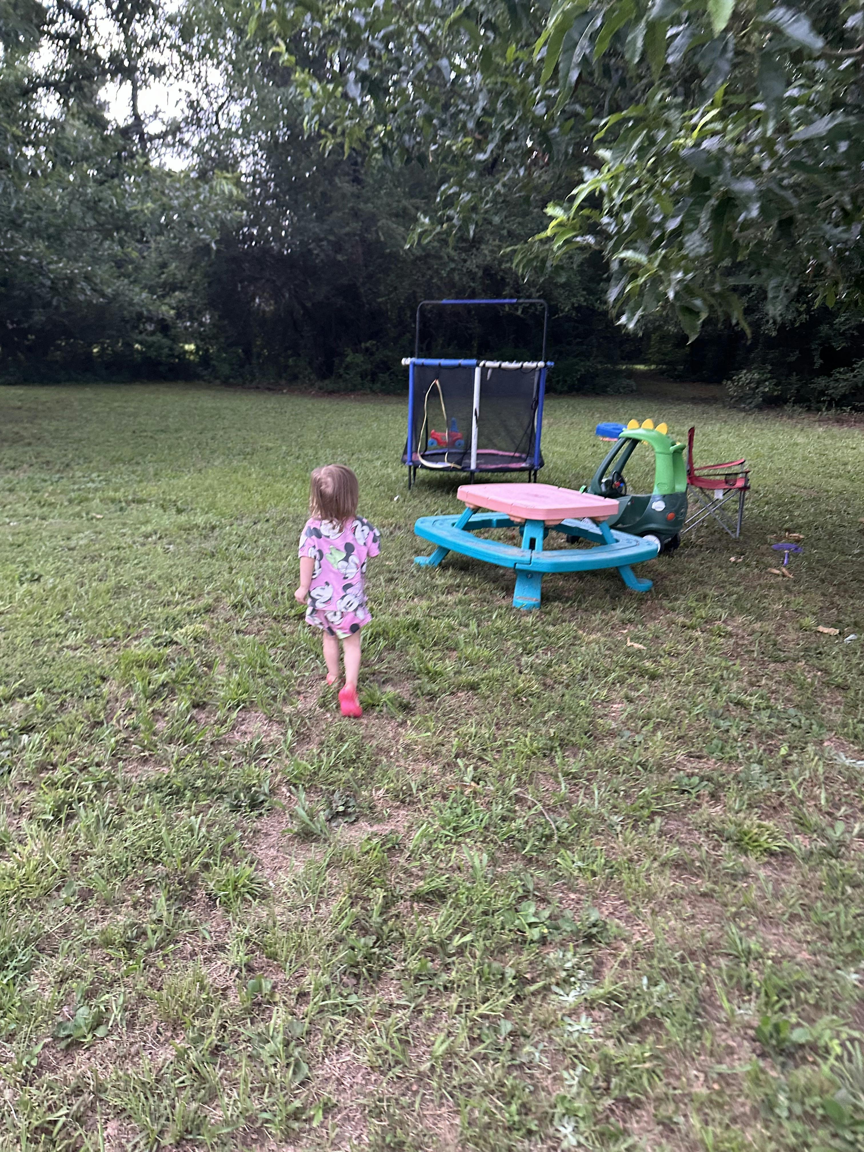 Child walking on lawn near playground equipment